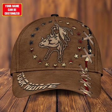 Joycorners Rodeo - Bull Riding Personalized Name Brown U.S Flag Pattern Cap