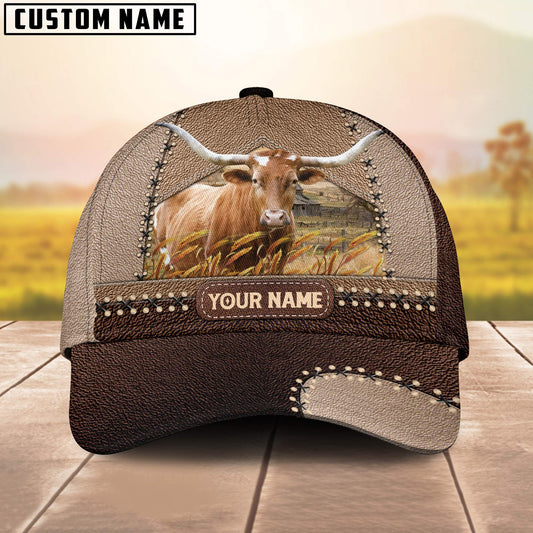 Joycorners Texas Longhorn Customized Name Brown Leather Pattern Cap