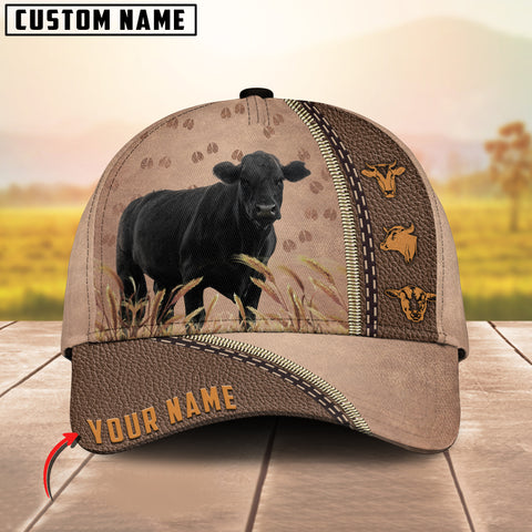 Joycorners Black Angus Cattle Personalized Name Brown Leather Pattern Cap