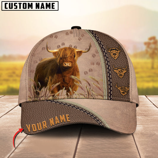 Joycorners Highland Cattle Personalized Name Brown Leather Pattern Cap