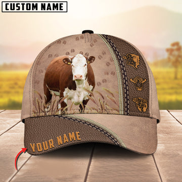 Joycorners Hereford Cattle Personalized Name Brown Leather Pattern Cap