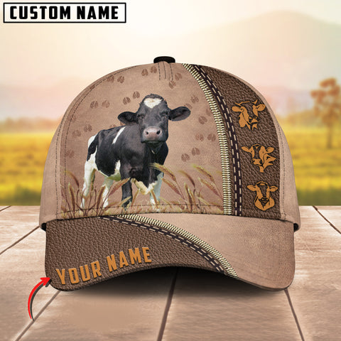 Joycorners Holstein Cattle Personalized Name Brown Leather Pattern Cap