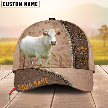 Joycorners Charolais Cattle Personalized Name Brown Leather Pattern Cap