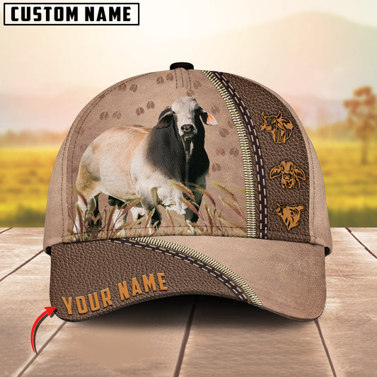 Joycorners Brahman Cattle Personalized Name Brown Leather Pattern Cap