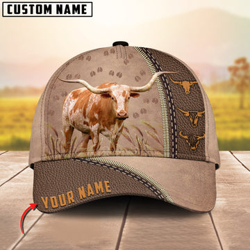 Joycorners Texas Longhorn Personalized Name Brown Leather Pattern Cap