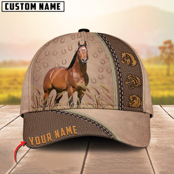 Joycorners Horse Personalized Name Brown Leather Pattern Cap