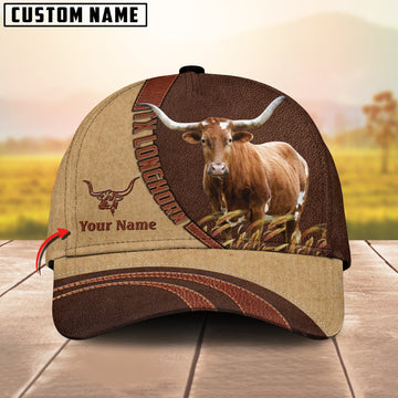 Joycorners Texas Longhorn Customized Name Brown Leather Pattern Cap