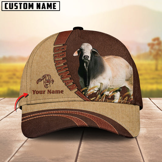 Joycorners Brahman Cattle Customized Name Brown Leather Pattern Cap