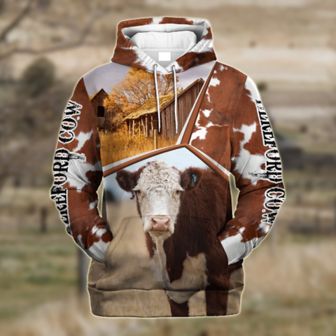Joycorners Funny Hereford Cattle Farmhouse 3D Printed Hoodie