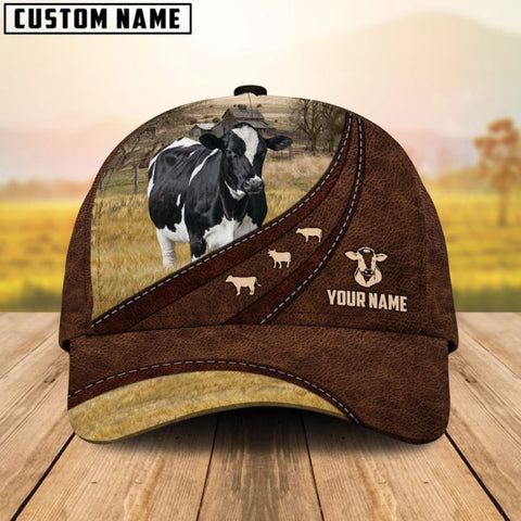 Joycorners Holstein Cattle Customized Name Brown Leather Pattern Cap