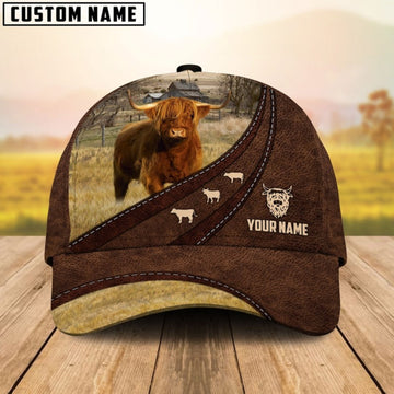 Joycorners Highland Cattle Customized Name Brown Leather Pattern Cap