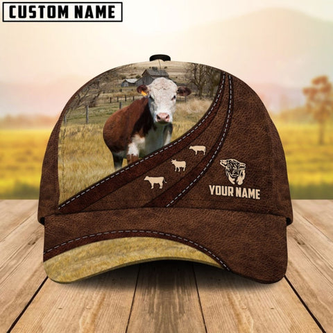 Joycorners Hereford Cattle Customized Name Brown Leather Pattern Cap