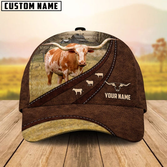 Joycorners Texas Longhorn Customized Name Brown Leather Pattern Cap