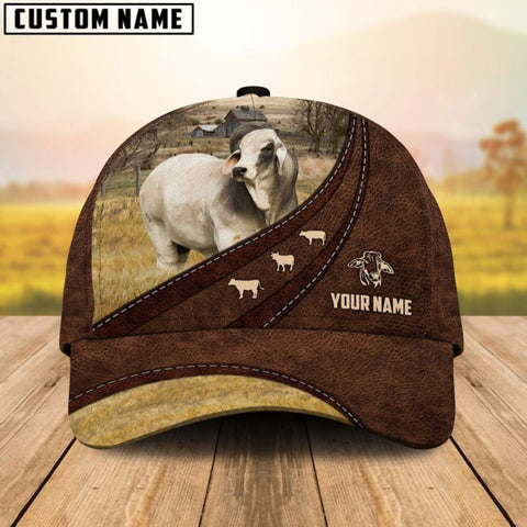 Joycorners Brahman Cattle Customized Name Brown Leather Pattern Cap