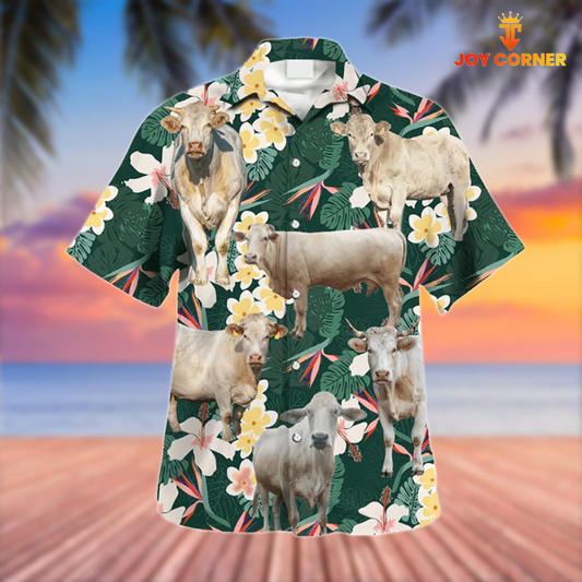 Joy Corners Charolais Cattle 3D Hawaiian Flower Shirt