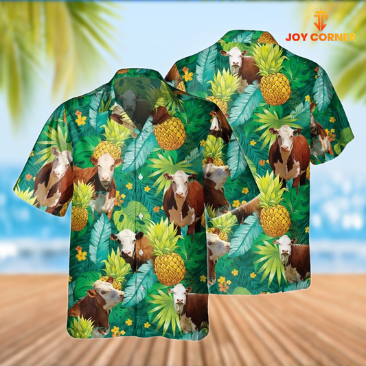 Joy Corners Hereford Cattle Pineapple Tropical Pattern Hawaiian Shirt