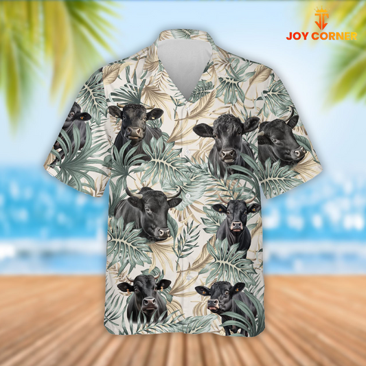 Joy Corners Black Angus Cattle Tropical Leaf Pattern Hawaiian Shirt