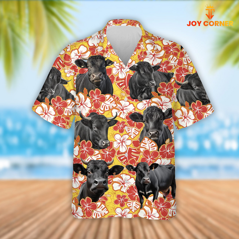 Joy Corners Black Angus Cattle Orange Flower Pattern 3D Hawaiian Shirt