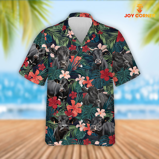 Joy Corners Black Angus Cattle Red Tropical Flowers Hawaiian Shirt