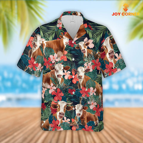 Joy Corners Simmental Cattle Red Tropical Flowers Hawaiian Shirt