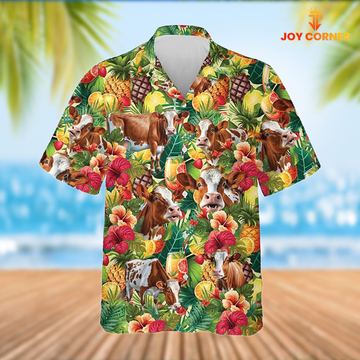 Joy Corners Simmental Cattle Tropical Fruits Pattern Hawaiian Shirt