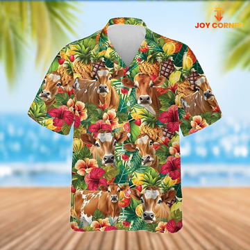 Joy Corners Jersey Cattle Tropical Fruits Pattern Hawaiian Shirt