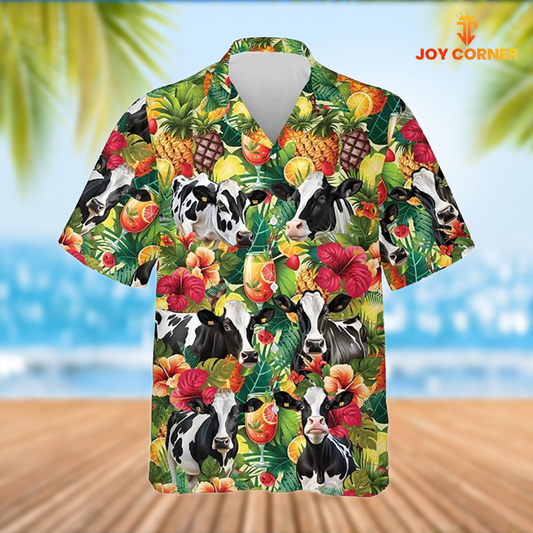 Joy Corners Holstein Cattle Tropical Fruits Pattern Hawaiian Shirt