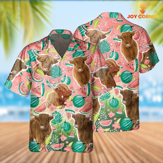 Joy Corners Highland Cattle Watermelon Pattern Hawaiian Shirt