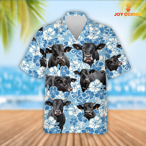 Joy Corners Black Angus Cattle Blue Flower Pattern 3D Hawaiian Shirt