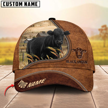 Joycorners Black Angus Cattle Brown Leather Zip Pattern Customized Name Cap