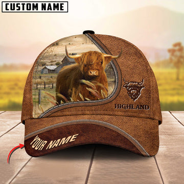 Joycorners Highland Cattle Brown Leather Zip Customized Name Cap