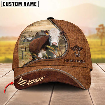 Joycorners Hereford Cattle Brown Leather Zip Pattern Customized Name Cap