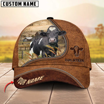 Joycorners Holstein Cattle Brown Leather Zip Pattern Customized Name Cap