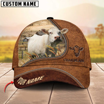 Joycorners Charolais Cattle Brown Leather Zip Pattern Customized Name Cap