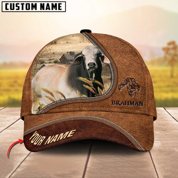 Joycorners Brahman Cattle Brown Leather Zip Pattern Customized Name Cap