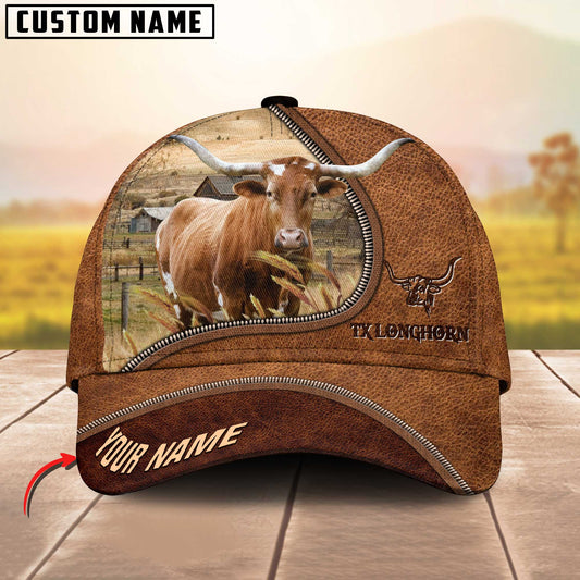 Joycorners Texas Longhorn Brown Leather Zip Pattern Customized Name Cap