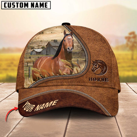 Joycorners Horse Brown Leather Zip Pattern Customized Name Cap