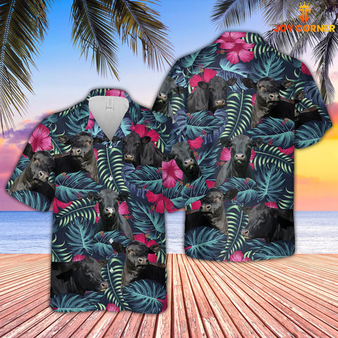 Joy Corners Black Angus Cattle Floral Tropical Leaves Pattern Hawaiian Shirt