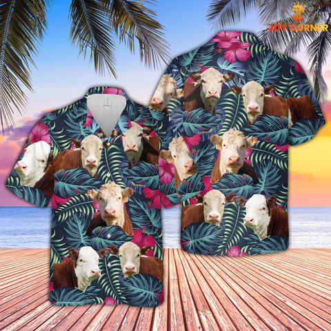 Joy Corners Hereford Cattle Floral Tropical Leaves Pattern Hawaiian Shirt
