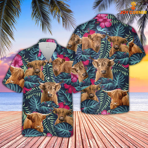 Joy Corners Highland Cattle Floral Tropical Leaves Pattern Hawaiian Shirt