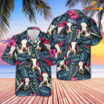 Joy Corners Holstein Cattle Floral Tropical Leaves Pattern Hawaiian Shirt