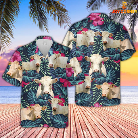 Joy Corners Charolais Cattle Floral Tropical Leaves Pattern Hawaiian Shirt