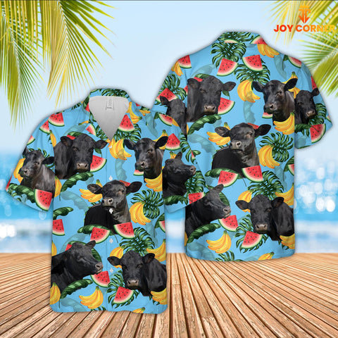 Joy Corners Black Angus Cattle Blue Tropical Fruits Pattern Hawaiian Shirt