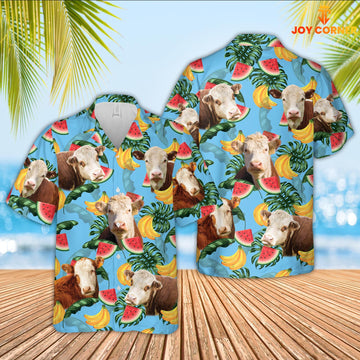 Joy Corners Hereford Cattle Blue Tropical Fruits Pattern Hawaiian Shirt