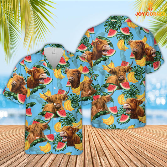 Joy Corners Highland Cattle Blue Tropical Fruits Pattern Hawaiian Shirt