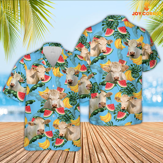 Joy Corners Charolais Cattle Blue Tropical Fruits Pattern Hawaiian Shirt