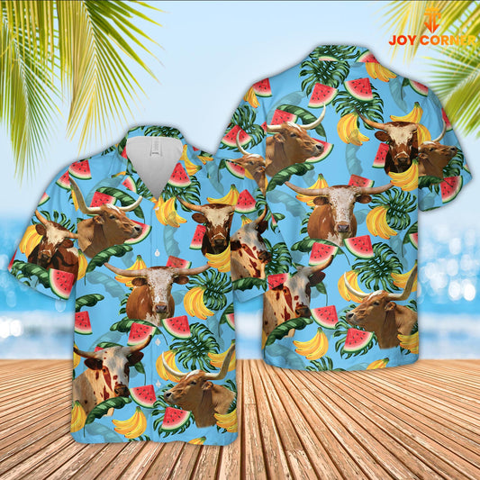 Joy Corners Texas Longhorn Blue Tropical Fruits Pattern Hawaiian Shirt