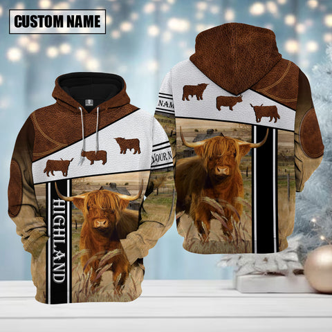 Joycorners Farm Highland Cattle Brown Leather Pattern Custom Name Shirts