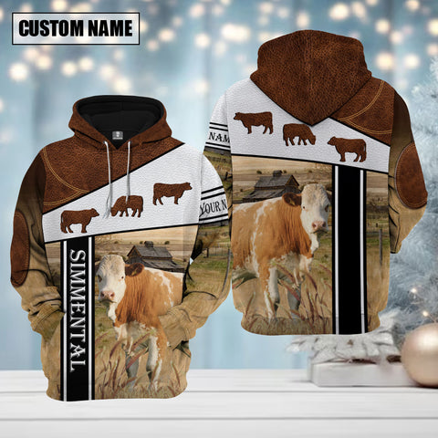 Joycorners Farm Simmental Cattle Brown Leather Pattern Custom Name Shirts
