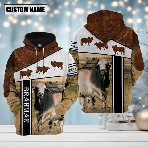 Joycorners Farm Brahman Cattle Brown Leather Pattern Custom Name Shirts